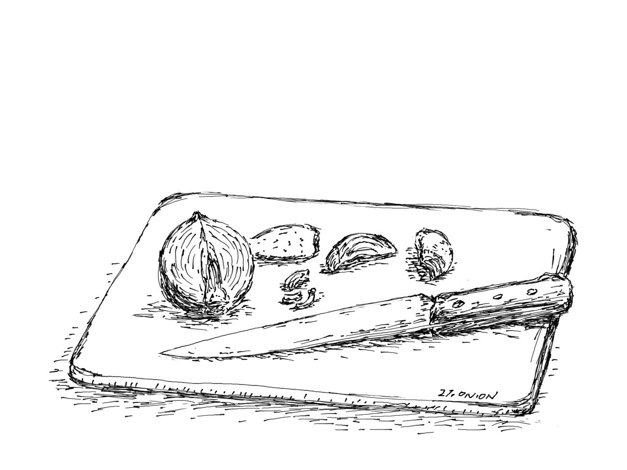 A chopping board with a kitchen knife and, from left to right: half an onion, a sixth of an onion, a few pieces of onion, about a sixth of an onion, and a final sixth of an onion.